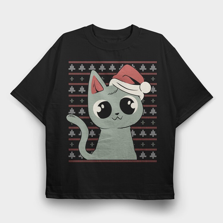 Ugly Sweater Christmas Cat, Tricou Oversize Barbati (Unisex)