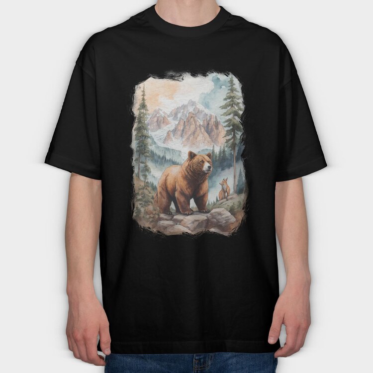 Bear Watercolor Forest, Tricou Oversize Barbati (Unisex)