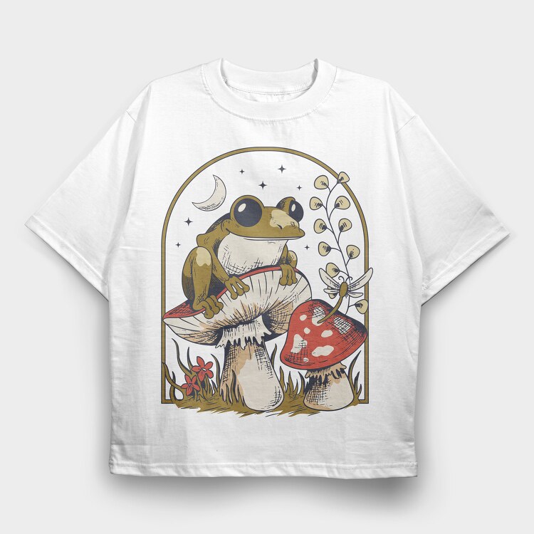 Frog and Mushrooms Vintage Draw, Tricou Oversize Barbati (Unisex)