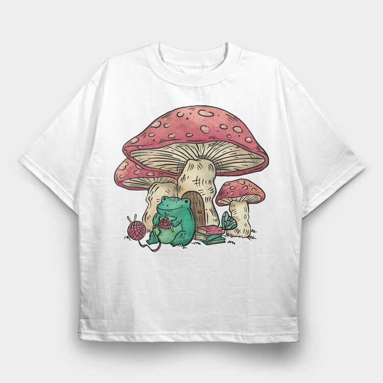 Frog Knitting Mushroom House, Tricou Oversize Barbati (Unisex)