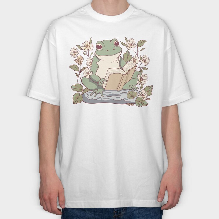 Frog Reading Cottagecore, Tricou Oversize Barbati (Unisex)