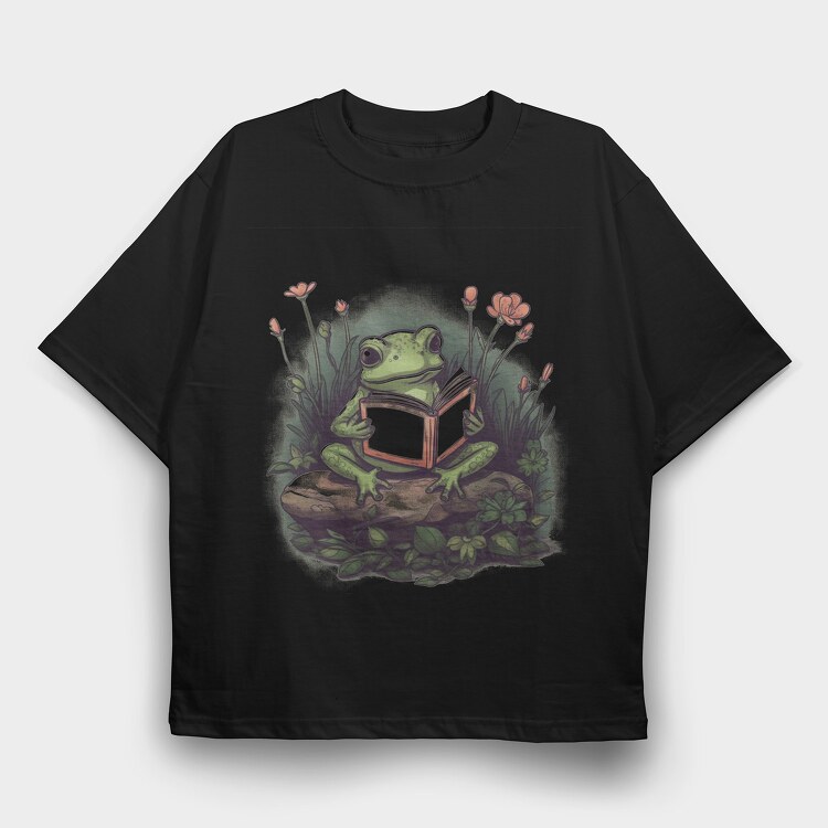 Frog Reading Flowers, Tricou Oversize Barbati (Unisex)