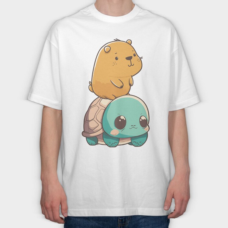 Kawaii Capybara and Turtle, Tricou Oversize Barbati (Unisex)