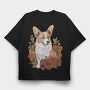 Corgi Dog Red Flowers, Tricou Oversize Barbati (Unisex)