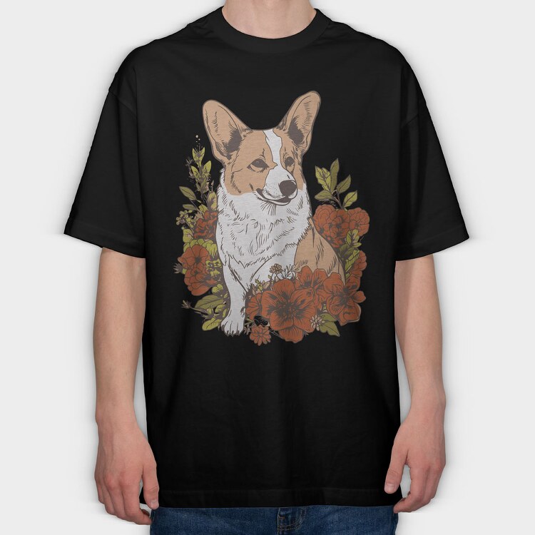 Corgi Dog Red Flowers, Tricou Oversize Barbati (Unisex)