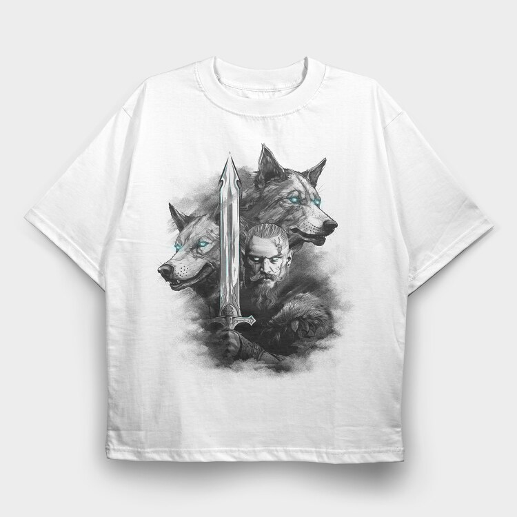 Viking and Wolves, Tricou Oversize Barbati (Unisex)