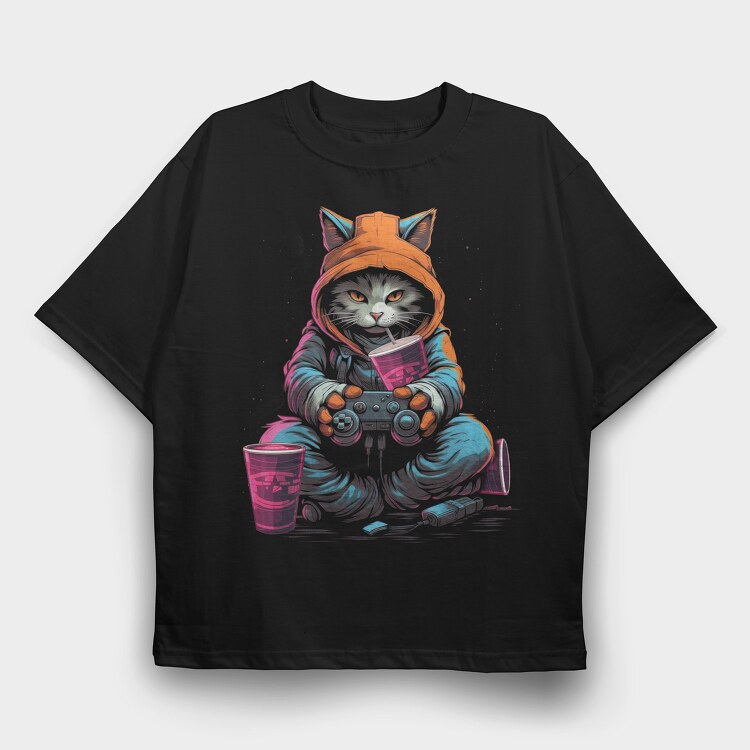 Gamer Cat, Tricou Oversize Barbati (Unisex)