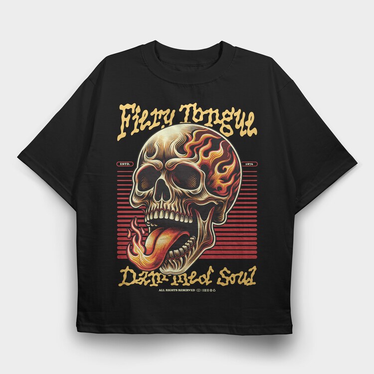 Skeleton Fiery Tongle, Tricou Oversize Barbati (Unisex)