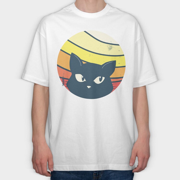 Black Cat Sunset Retro, Tricou Oversize Barbati (Unisex)