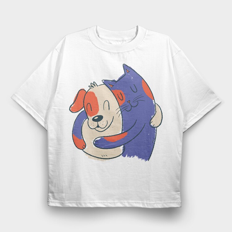 Blue Cat and Dog Hugging, Tricou Oversize Barbati (Unisex)