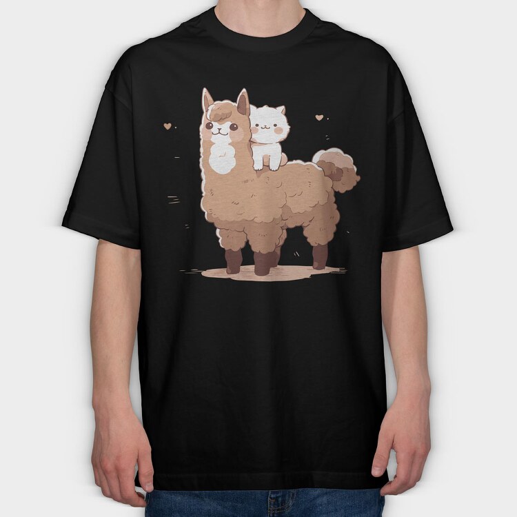 Cute Lama and Cat, Tricou Oversize Barbati (Unisex)