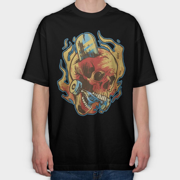 Skull Skater in Fire, Tricou Oversize Barbati (Unisex)