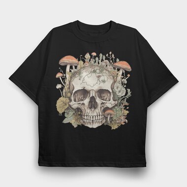 Skull With Mushrooms and Flowers, Tricou Oversize Barbati (Unisex)