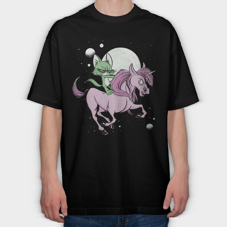 Green Cat Riding Unicorn, Tricou Oversize Barbati (Unisex)