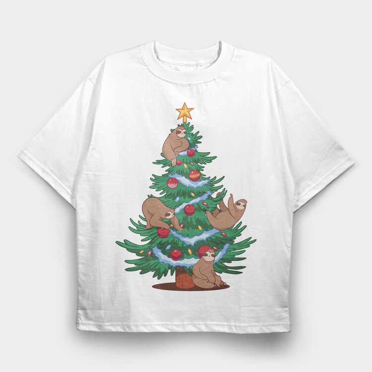 Sloth Christmas Tree, Tricou Oversize Barbati (Unisex)