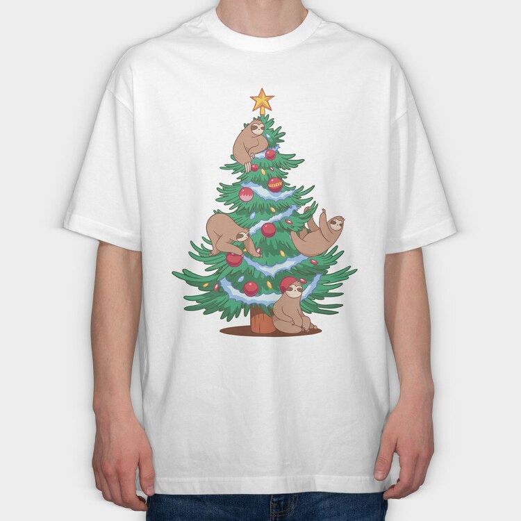 Sloth Christmas Tree, Tricou Oversize Barbati (Unisex)
