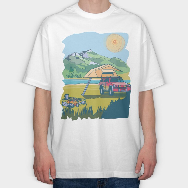 Camping on the Lake Landscape, Tricou Oversize Barbati (Unisex)