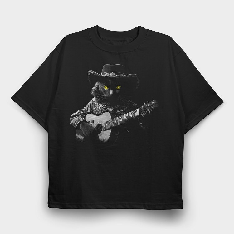 Guitar Cat Monochrome, Tricou Oversize Barbati (Unisex)