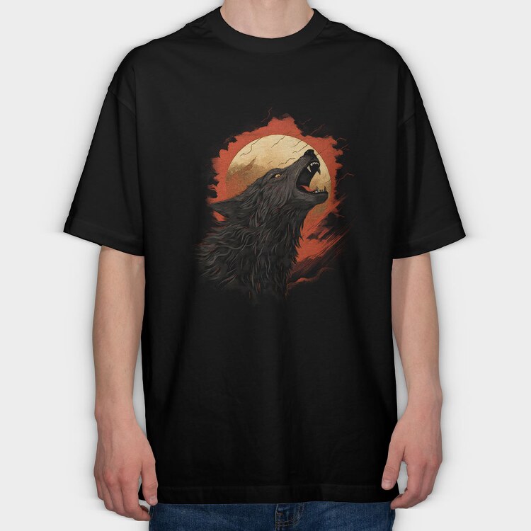 Wolf Howling Moon Red, Tricou Oversize Barbati (Unisex)