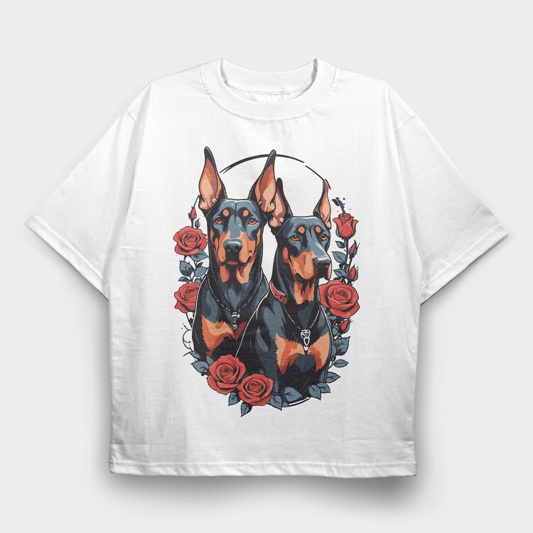 Doberman and Roses, Tricou Oversize Barbati (Unisex)