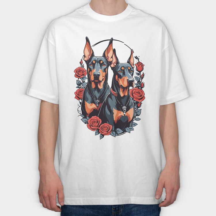 Doberman and Roses, Tricou Oversize Barbati (Unisex)