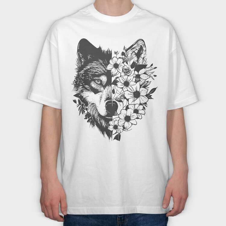 Wolf With Flowers, Tricou Oversize Barbati (Unisex)