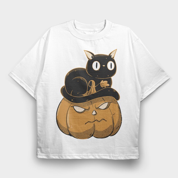 Pumpkin and Cute Black Cat, Tricou Oversize Barbati (Unisex)