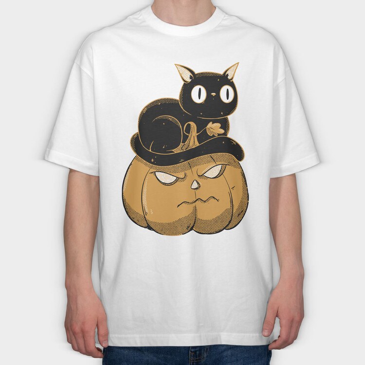 Pumpkin and Cute Black Cat, Tricou Oversize Barbati (Unisex)