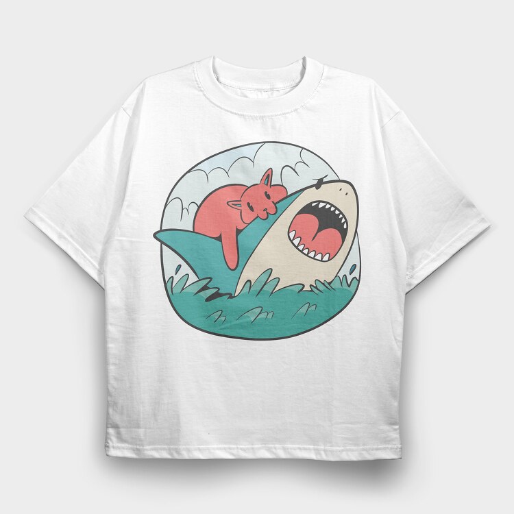 Cat Biting Shark, Tricou Oversize Barbati (Unisex)