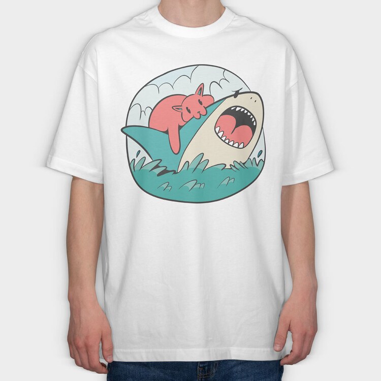 Cat Biting Shark, Tricou Oversize Barbati (Unisex)