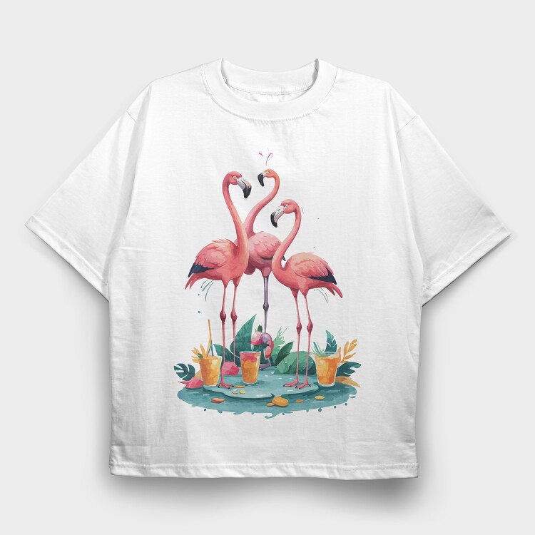 Three Flamingos, Tricou Oversize Barbati (Unisex)