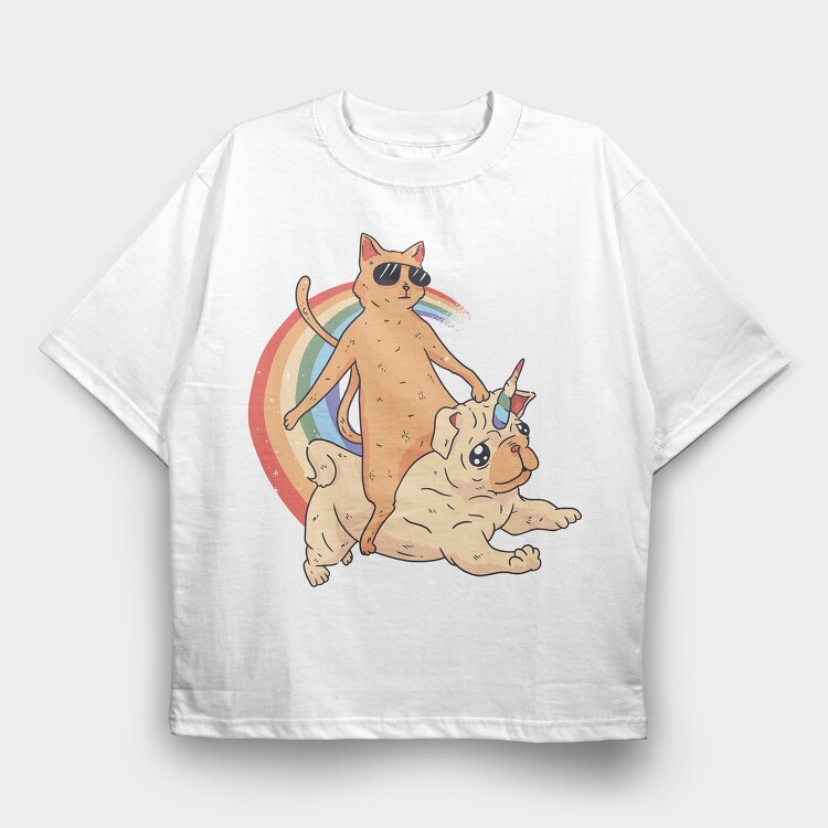 Cat Riding Dog Unicorn, Tricou Oversize Barbati (Unisex)