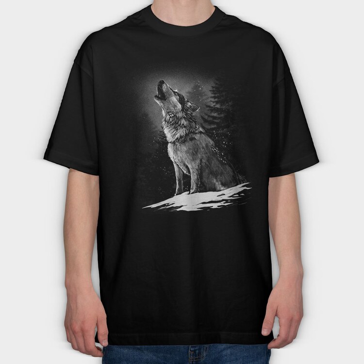 Realistic Wolf Monocrhome Howl, Tricou Oversize Barbati (Unisex)