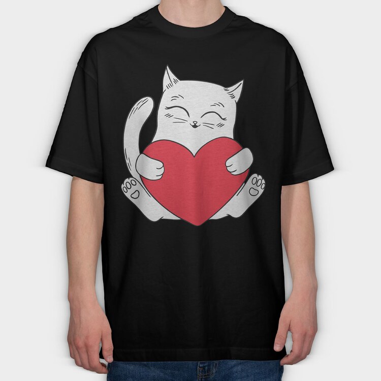 Cat Holding Heart, Tricou Oversize Barbati (Unisex)