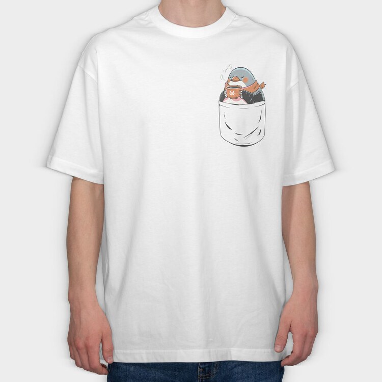 Cute Penguin In Pocket Coffee, Tricou Oversize Barbati (Unisex)