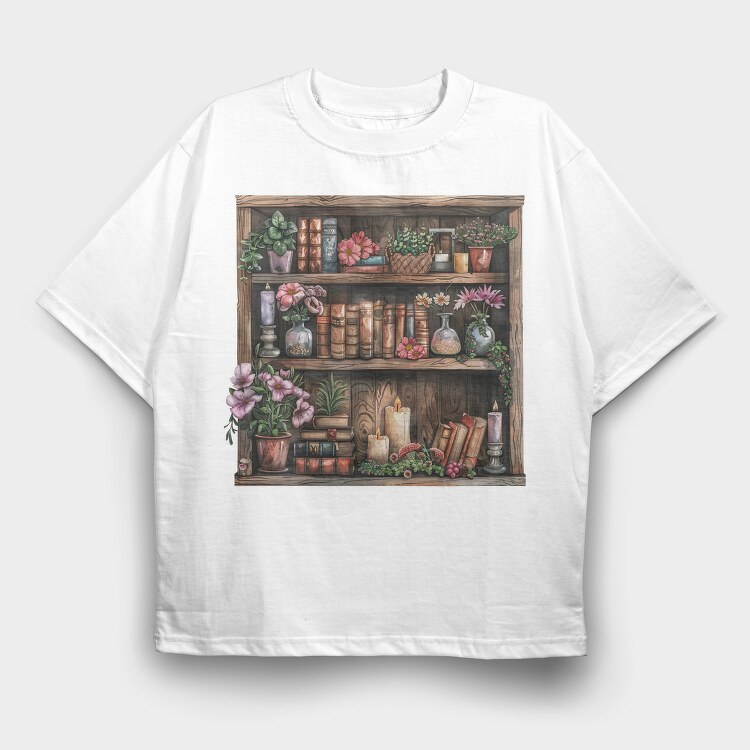 Books Shelves Flowers, Tricou Oversize Barbati (Unisex)