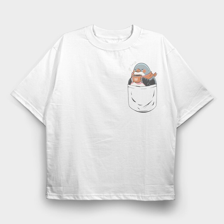 Cute Penguin In Pocket Coffee, Tricou Oversize Barbati (Unisex)