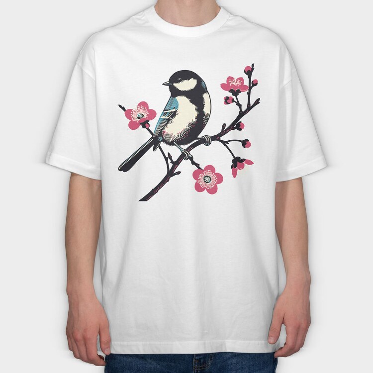 Chickadee On Blossom, Tricou Oversize Barbati (Unisex)