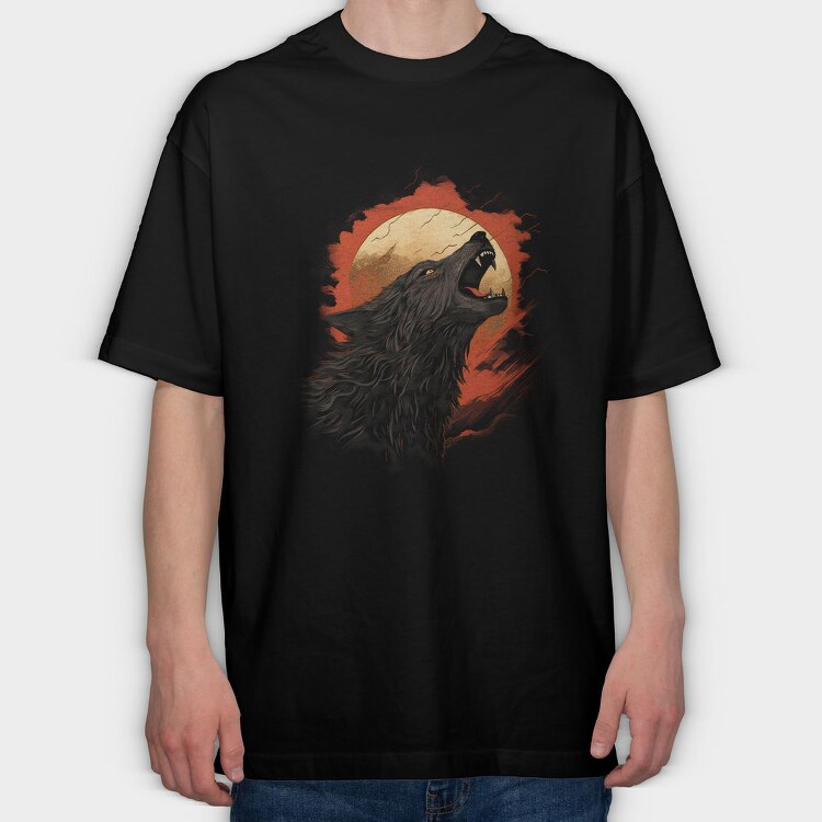 Wolf Howling Moon Red, Tricou Oversize Barbati (Unisex)