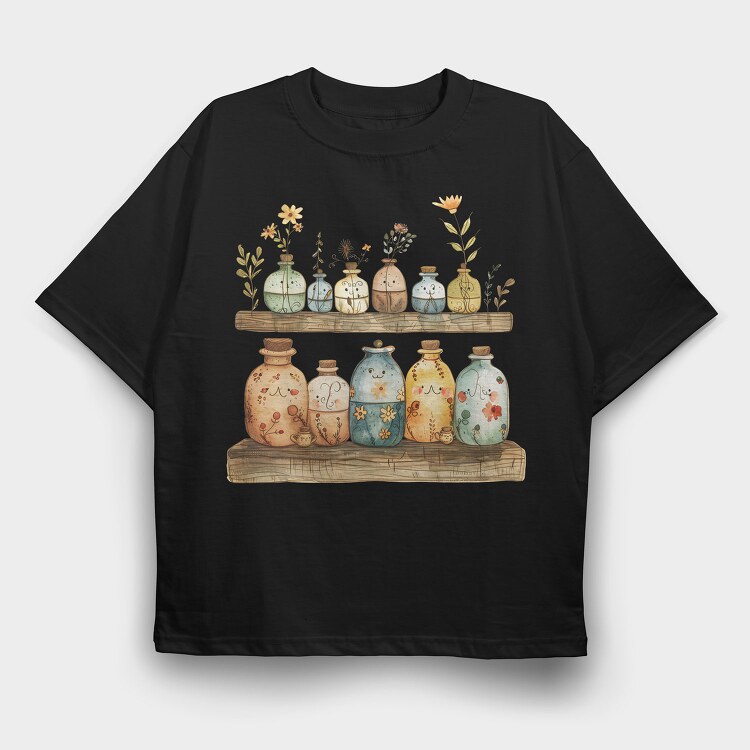 Bottles Flowers Wood, Tricou Oversize Barbati (Unisex)