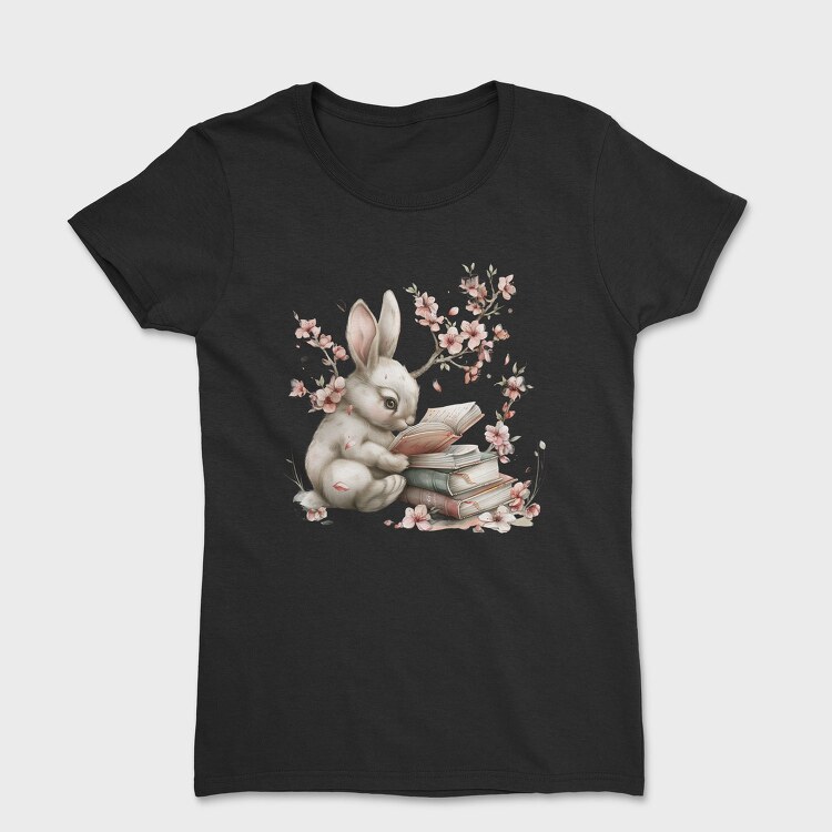 Bunny Reading Books Flowers, Tricou Femei