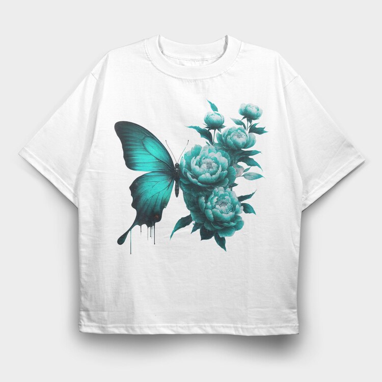 Butterfly Flowers Teal, Tricou Oversize Barbati (Unisex)