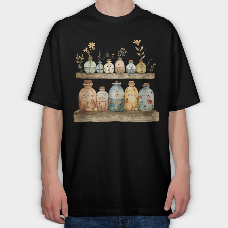 Bottles Flowers Wood, Tricou Oversize Barbati (Unisex)