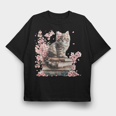Cat Books Flowers, Tricou Oversize Barbati (Unisex)