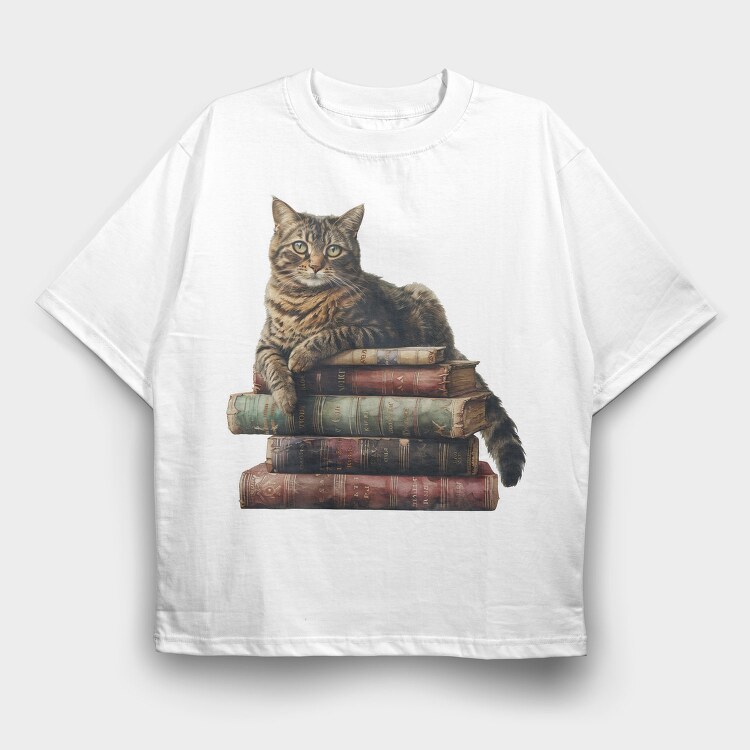 Cat Books Stack, Tricou Oversize Barbati (Unisex)