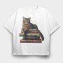 Cat Books Stack, Tricou Oversize Barbati (Unisex)