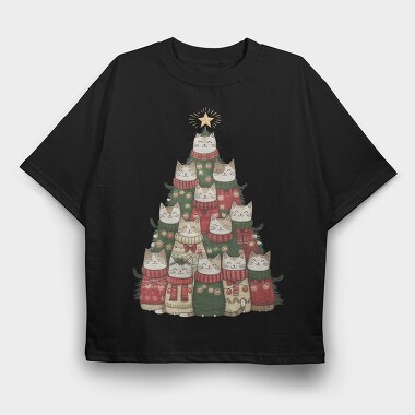 Cat Festive Tree, Tricou Oversize Barbati (Unisex)