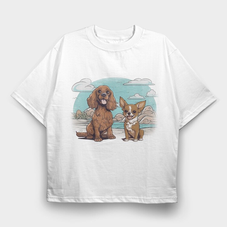 Chihuahua And Cocker Dogs Beach, Tricou Oversize Barbati (Unisex)