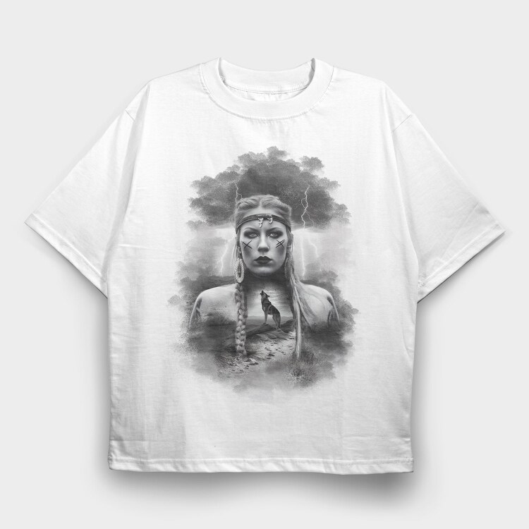 Viking Woman With Wolf, Tricou Oversize Barbati (Unisex)