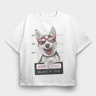 Dog Mugshot Warning, Tricou Oversize Barbati (Unisex)